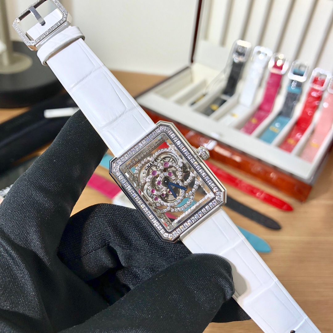Chanel Premiere silver case, openworked dial, colored leather strap 26mm Women's Automatic
