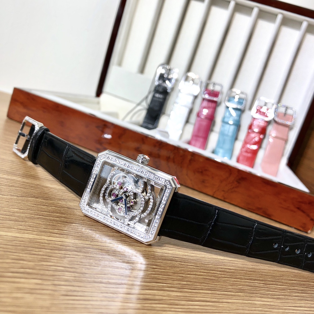 Chanel Premiere Camellia Skeleton diamond-set silver case, silver dial, pink or blue leather strap 26mm Women's Automatic