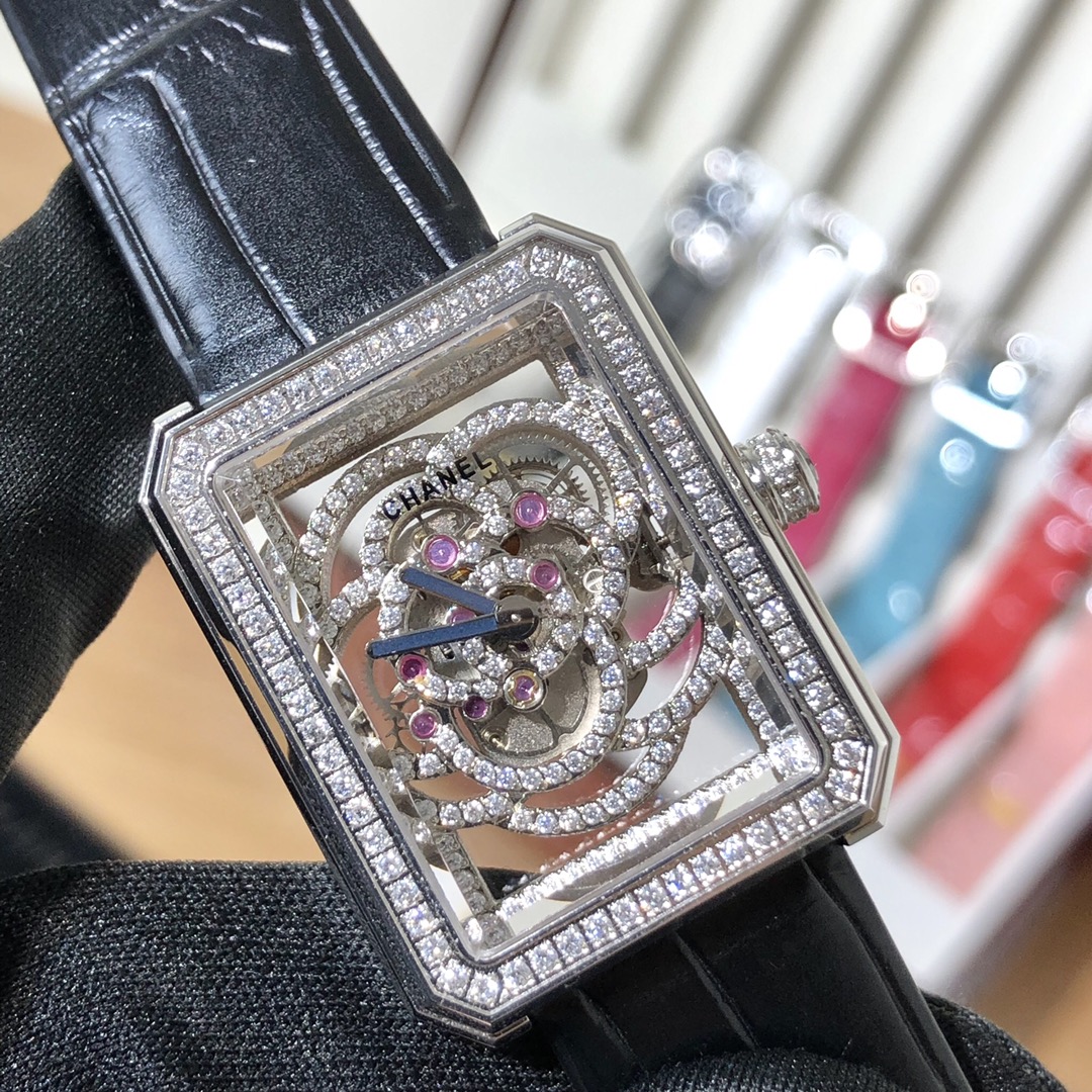 Chanel Premiere Camellia Skeleton diamond-set silver case, silver dial, pink or blue leather strap 26mm Women's Automatic