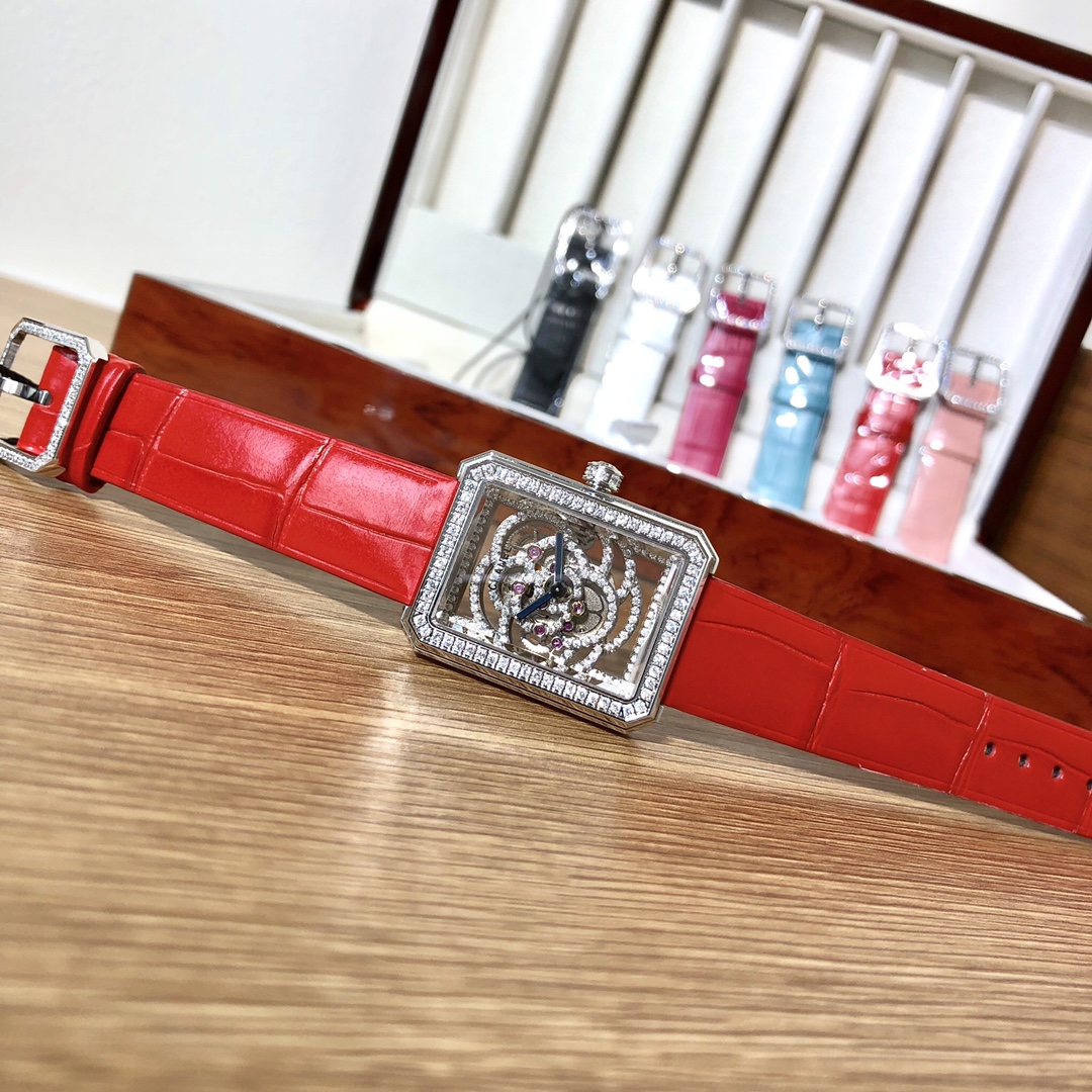 Chanel Premiere Camellia Skeleton diamond-set silver case, silver dial, pink or blue leather strap 26mm Women's Automatic