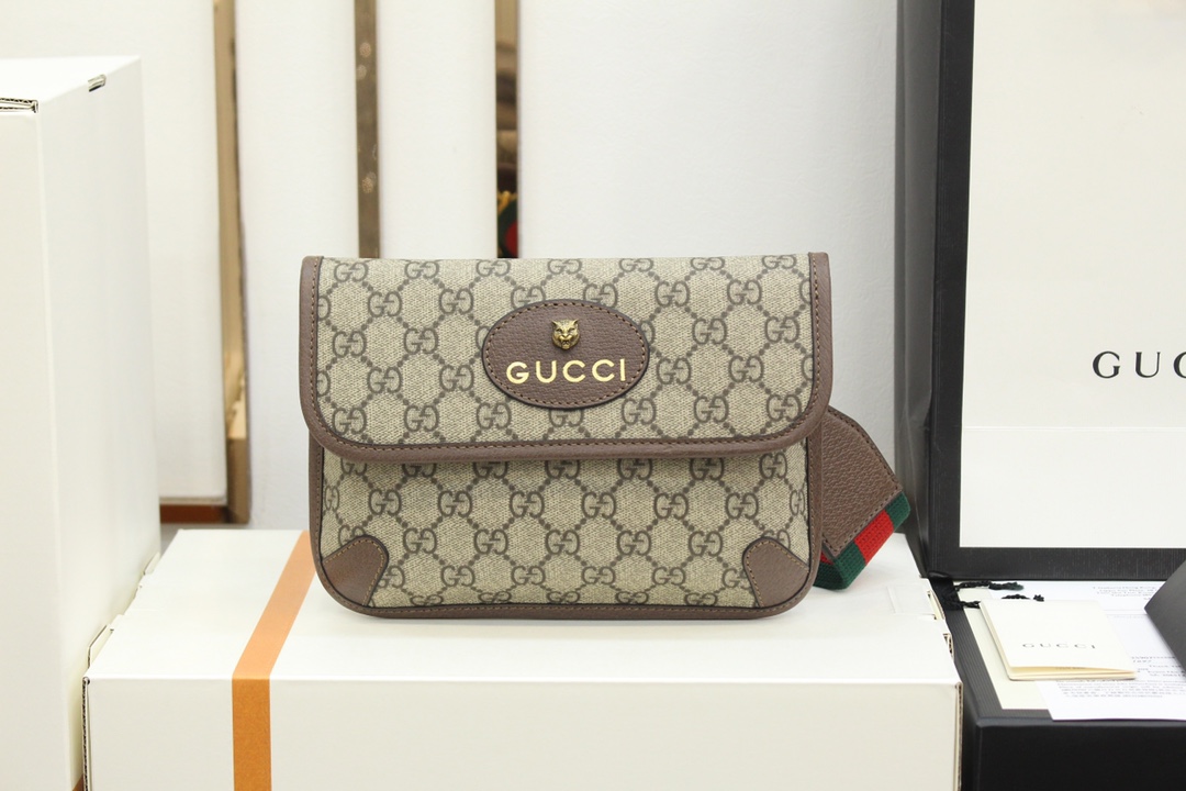 GUCCI 虎头腰包 GG Supreme 红绿织带 拼接