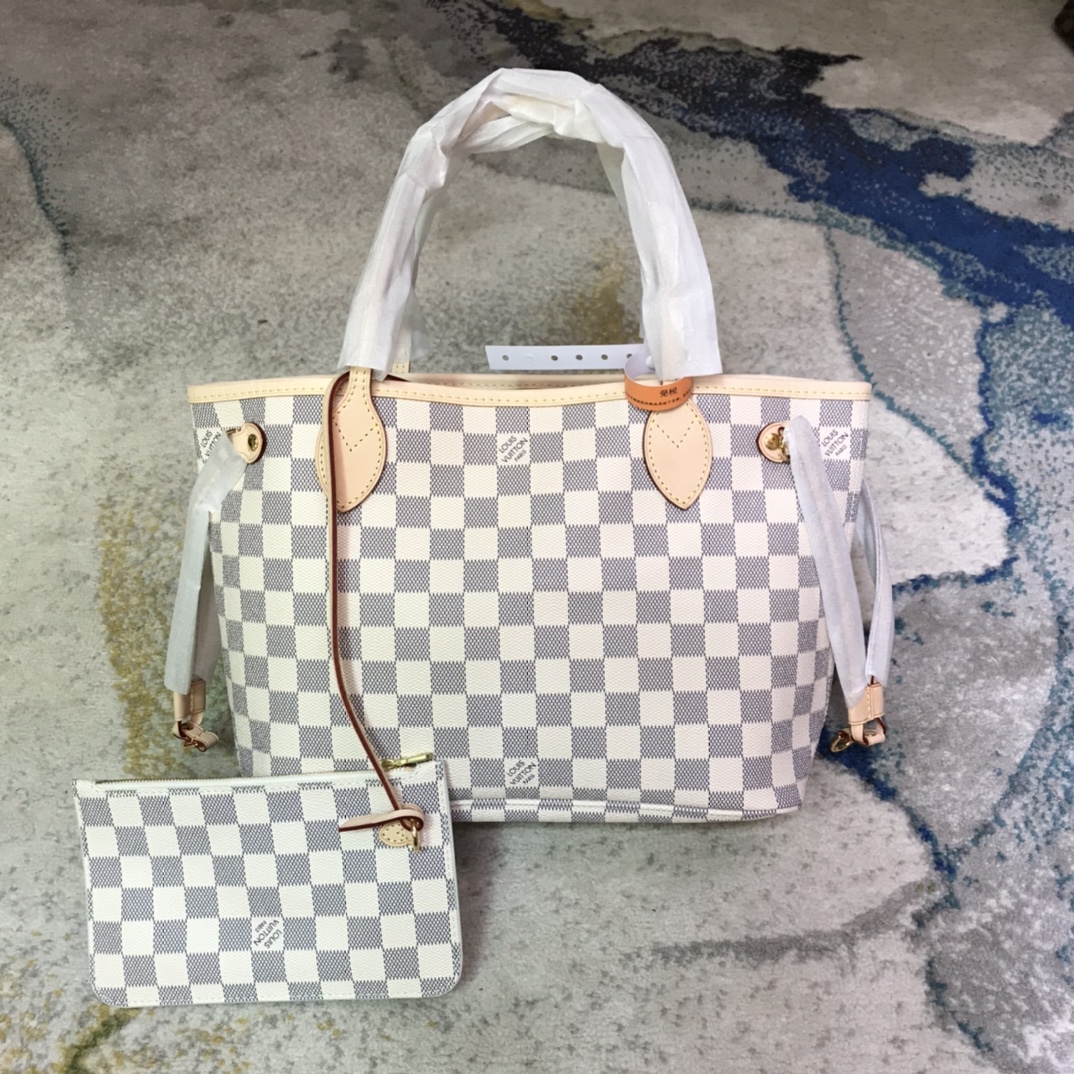 Louis Vuitton LV Neverfull Handbags Tote Bags Apricot Color White Damier Azur M41245