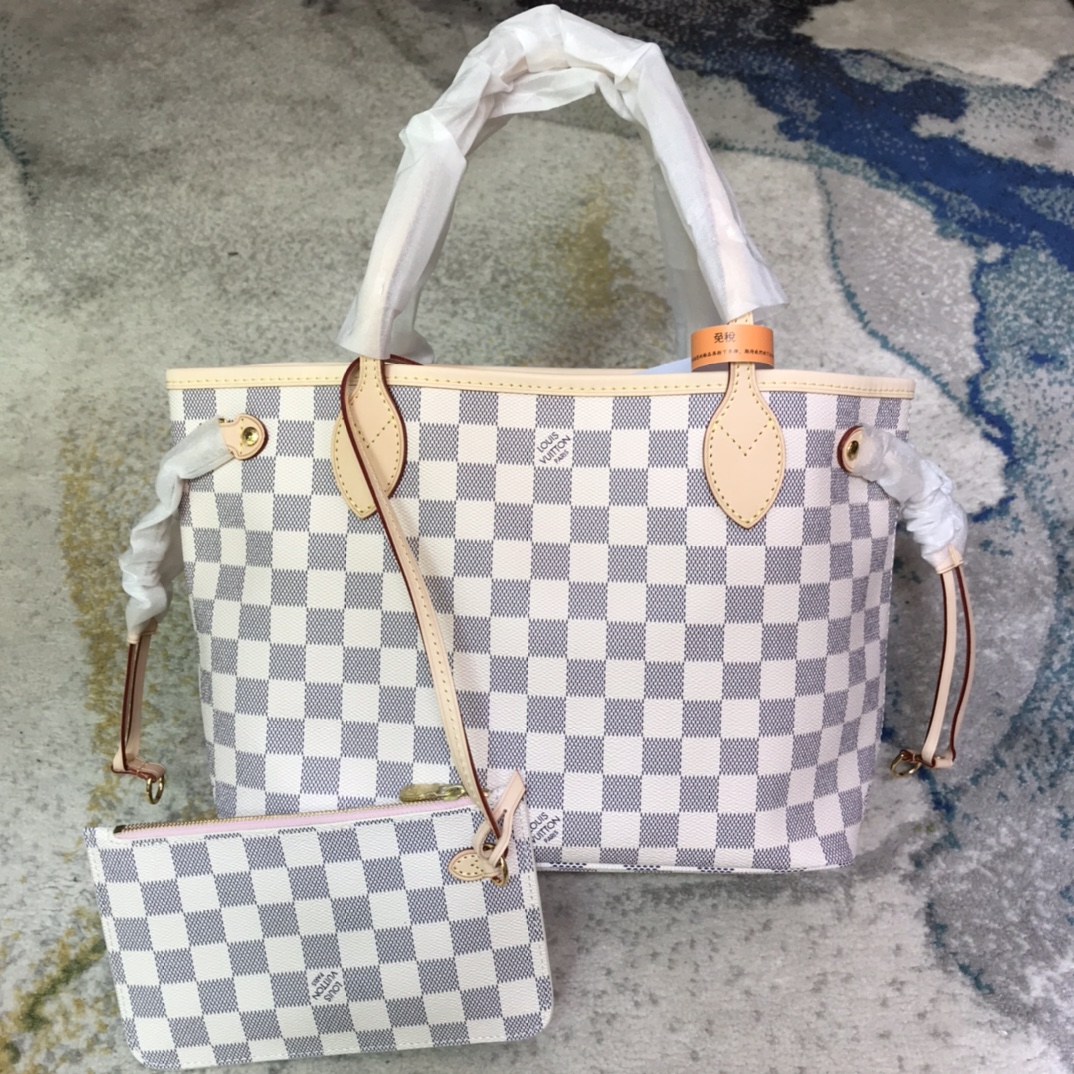 Louis Vuitton LV Neverfull Handbags Tote Bags Pink White Damier Azur M41245