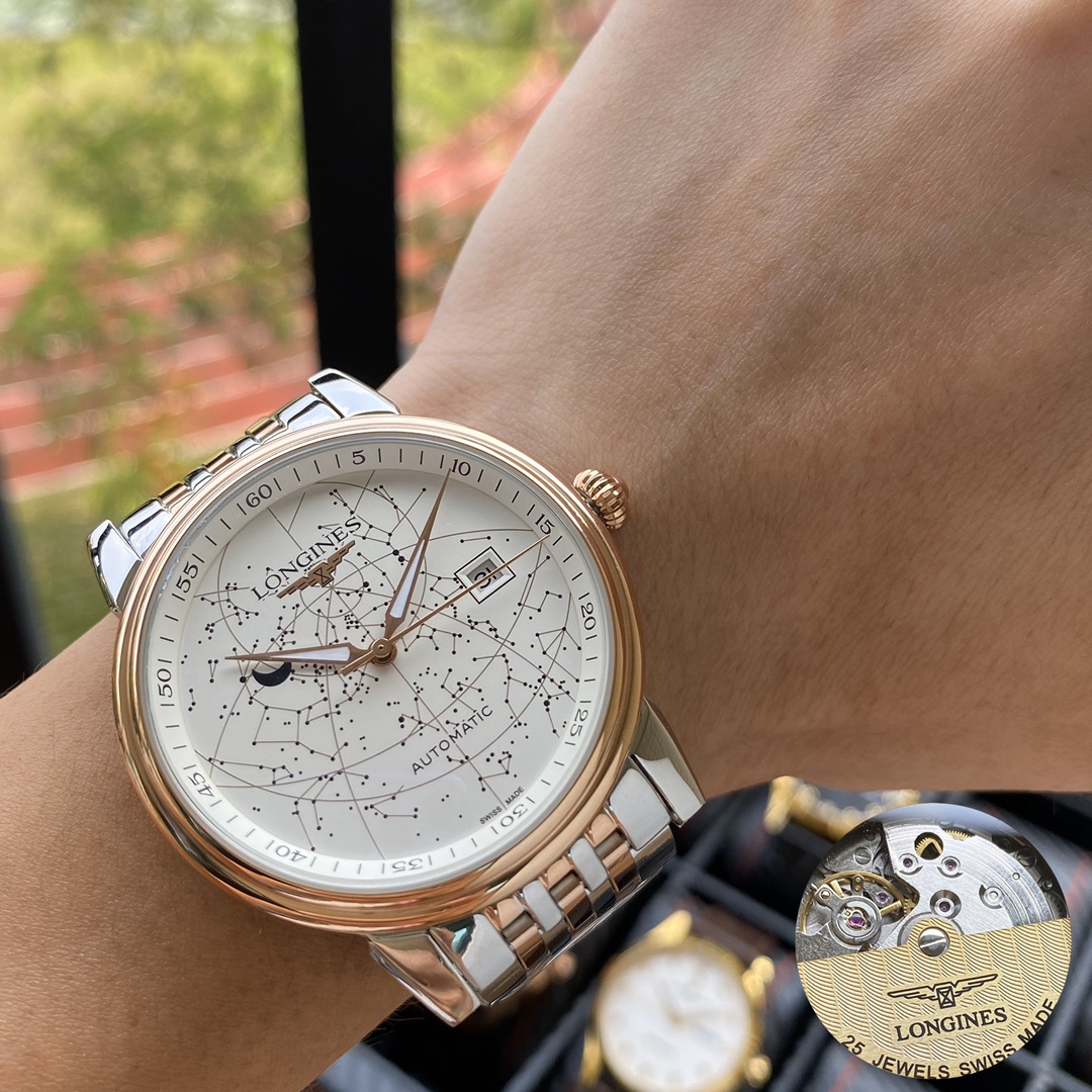 白 金 夏日必备别致 高清实拍 跑量王 最新：浪琴 Longines 最新设计星座会图新品 类型：精品男士腕表 表带：真牛皮表带 机芯：顶级全自动机械机芯 镜面：矿物质强化玻璃更高清 品味高雅 浩瀚大气 匠心独运 腕间瑰宝 尺寸：直径41mm厚12mm热卖上市欢迎转载