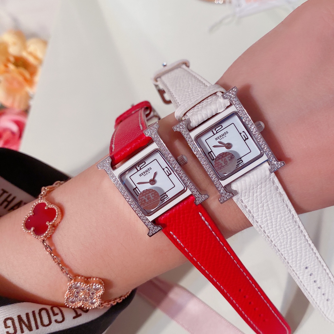 Hermes Watch Pink Set With Diamonds Genuine Leather Quartz Movement Strap