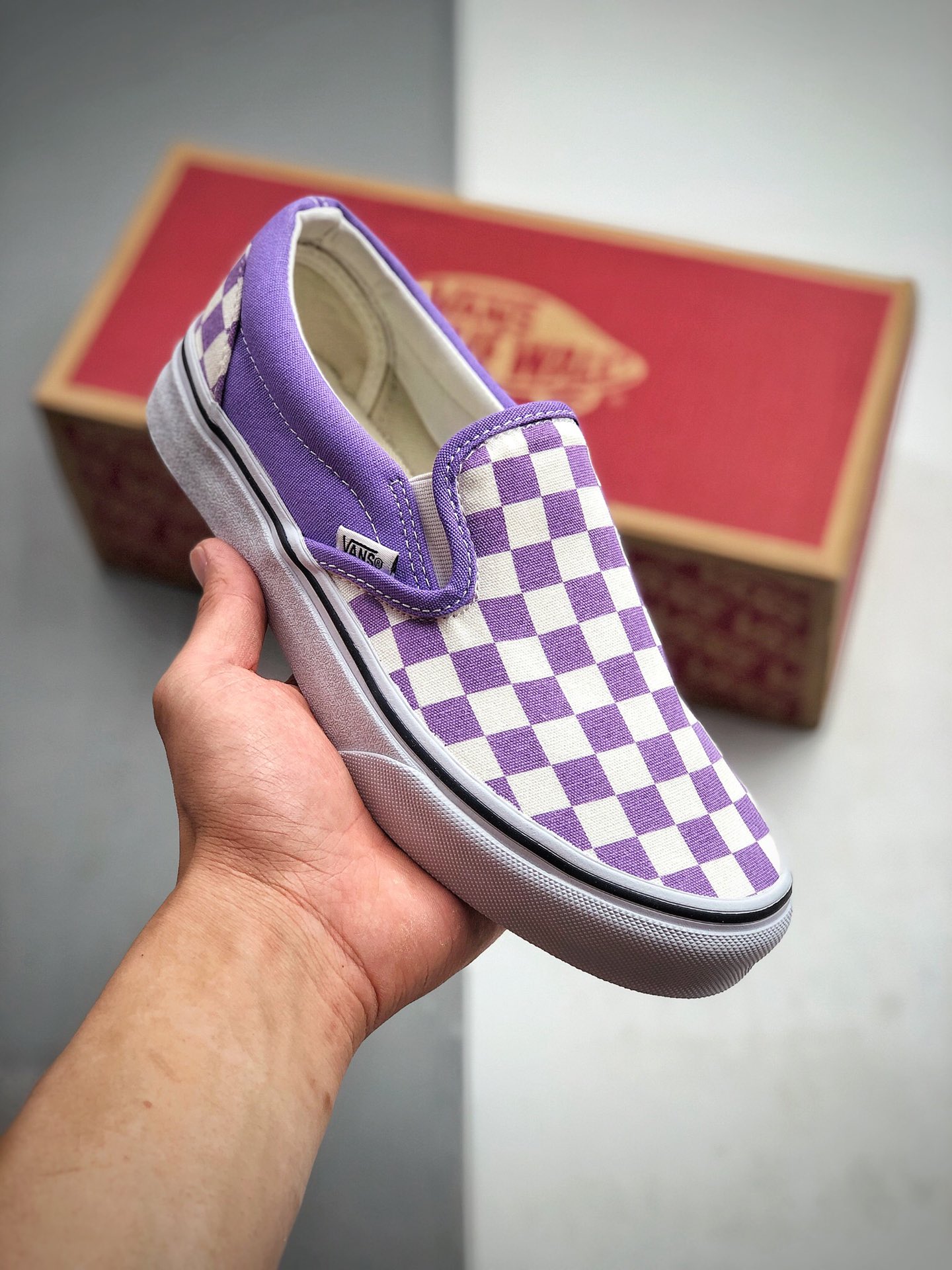 150 VANS SLIP-ON 百搭懒人格子 高端支线淡紫色棋盘格高街休闲板鞋