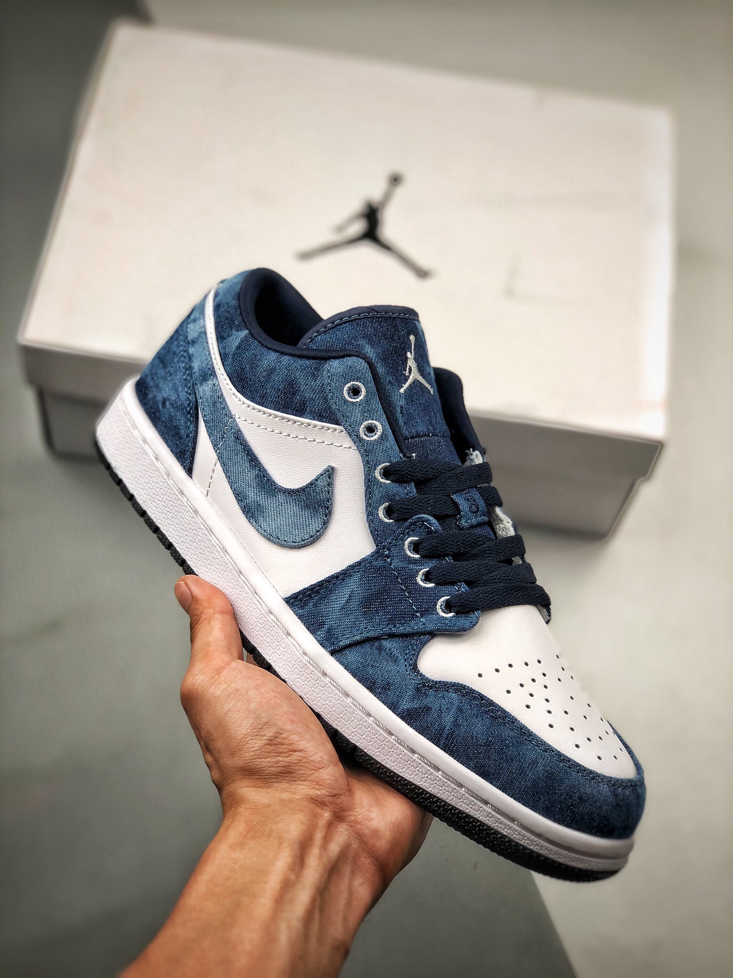 Soporte contra reembolso Air Jordan 1 Low teñido anudado de mezclilla, módulo de aire original de fábrica, suela de mol…