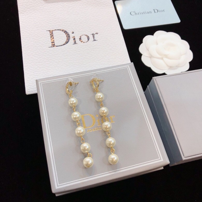 dior gold pearl strand drop earrings
