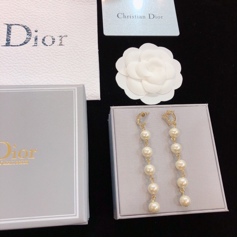 dior gold pearl strand drop earrings