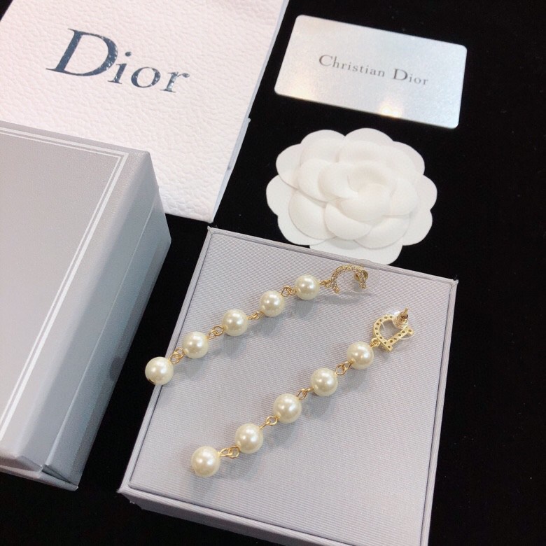 dior gold pearl strand drop earrings