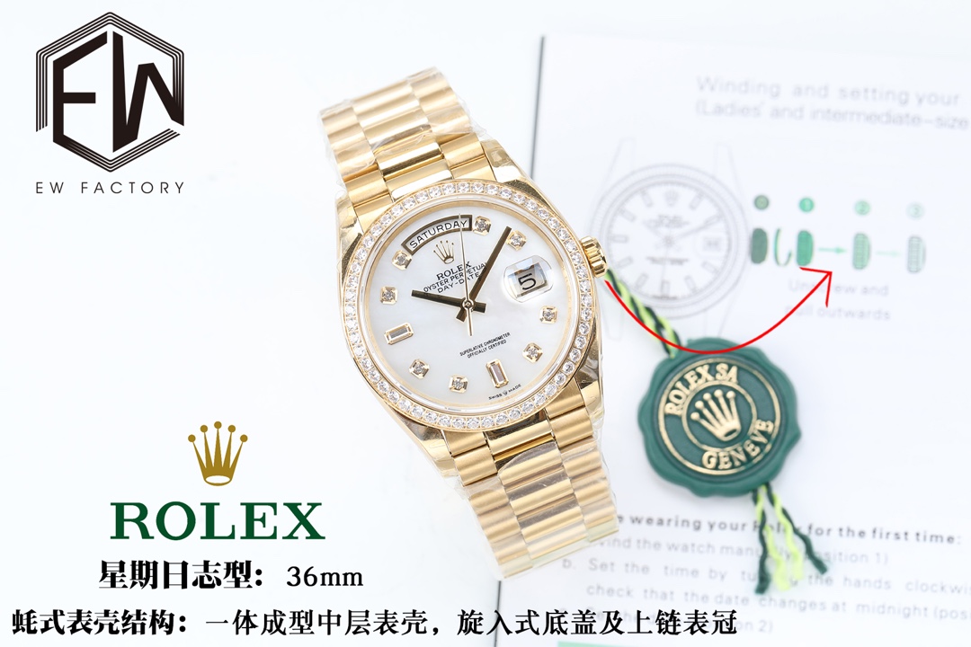 NO:142728,EW Rolex Weekly Diary 36 1 The dial is equipped with 18ct gold, diamonds inlaid with diamonds, and square diamonds at 6 and 9 o'clock. 2 Oyster case structure, integrated mid-layer case, screw-in bottom cover and winding crown. 3 Structural dimensions and thickness are synchronized with original, diameter 36 mm, thickness is 12 mm. 4 Equipped with an automatic winding movement, quick adjustment instantly skipping week calendar, time adjustment, thickness, and structure synchronization original. Rolex hot-selling model, rolex19860909EW劳力士星期日志型36 1 表盘设有18ct金,镶钻石,6及9点钟位置镶方形钻石. 2蚝式表壳结构,一体中层表壳,旋入式底盖及上链表冠. 3结构尺寸厚度同步原装,直径36毫米,厚度为12毫米. 4搭载自动上链机芯,快调瞬跳星期日历、做到调时、厚度、结构同步原版.,劳力士热销爆款,rolex,Watch