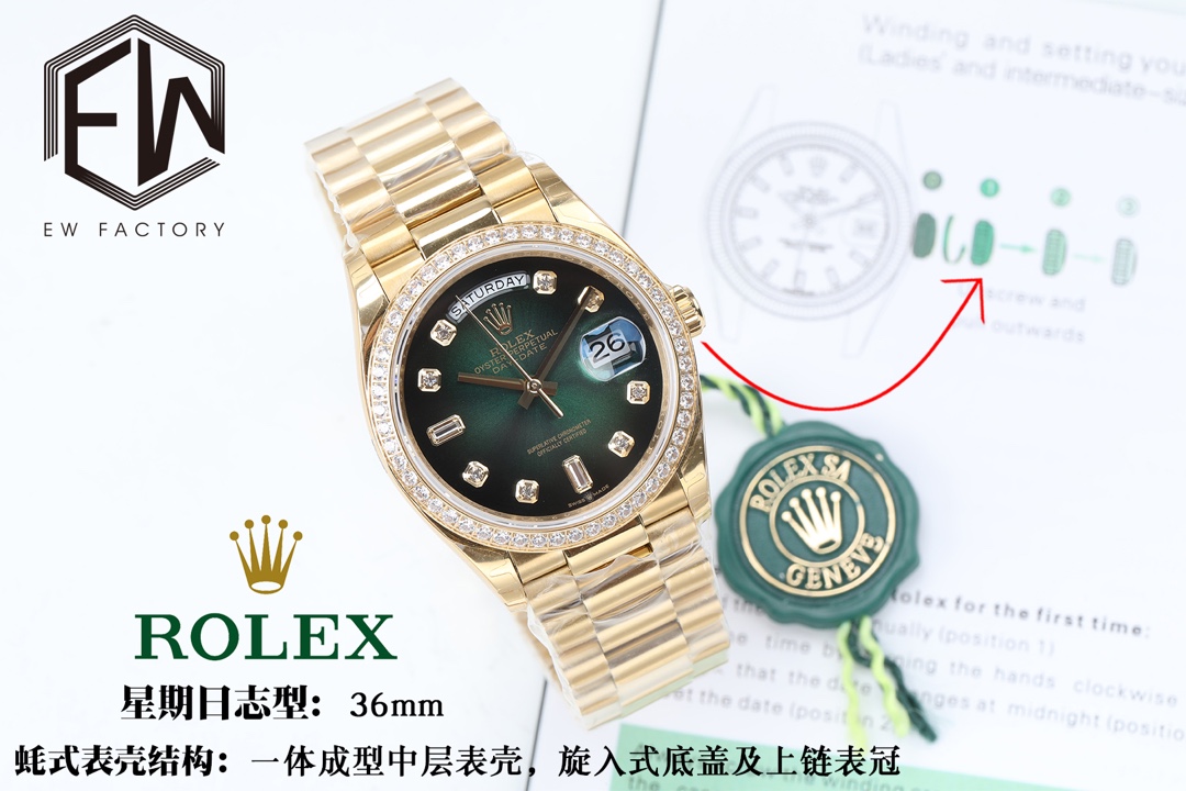 EW Rolex Day-Date Date 36 1⃣️ La esfera está engastada con oro de 18 quilates, engastada con diamantes y con diamantes …