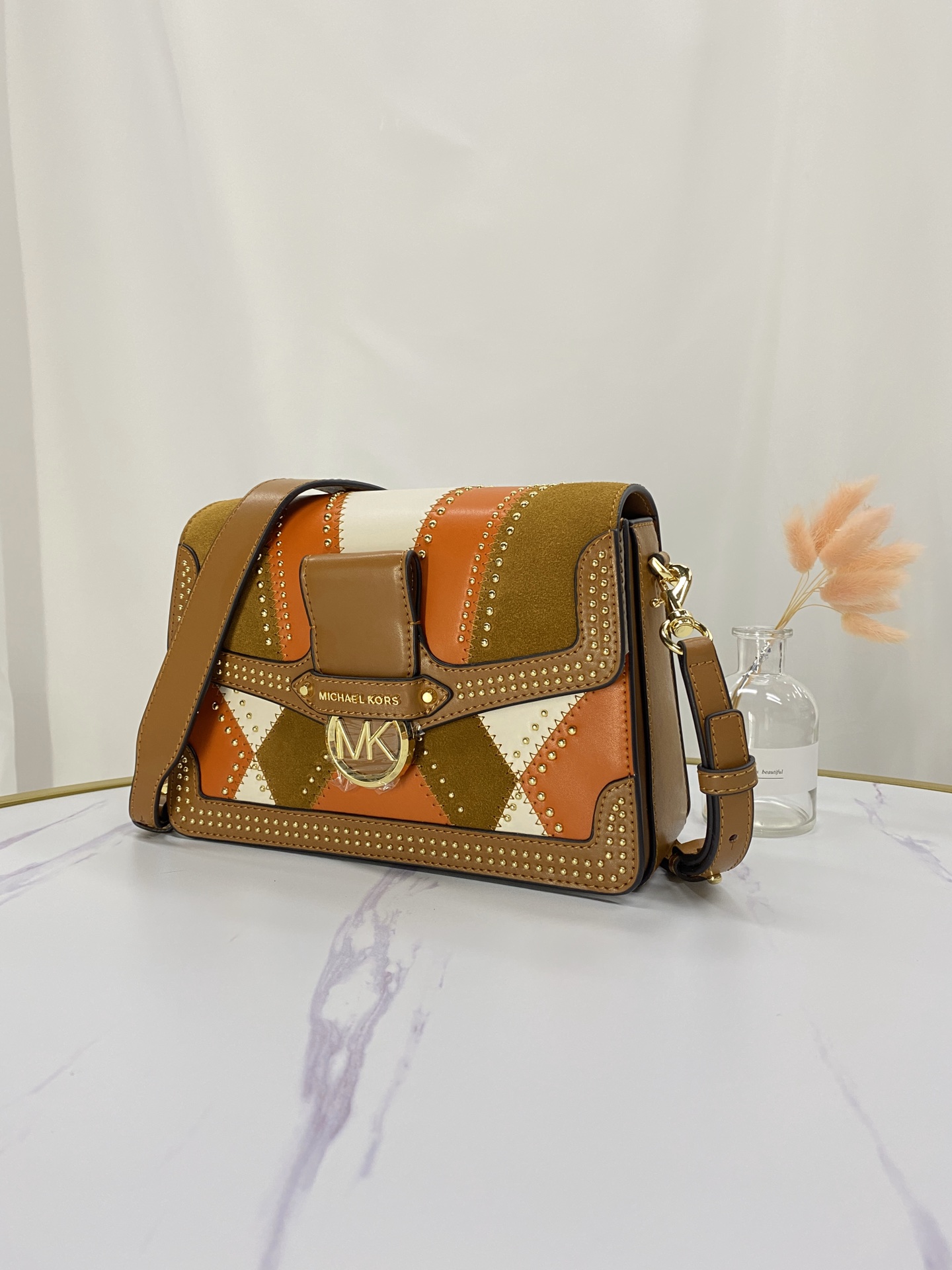 Michael Kors 拼色款酒神磨砂钉钉棕 MK 拼色拼接款斜挎包