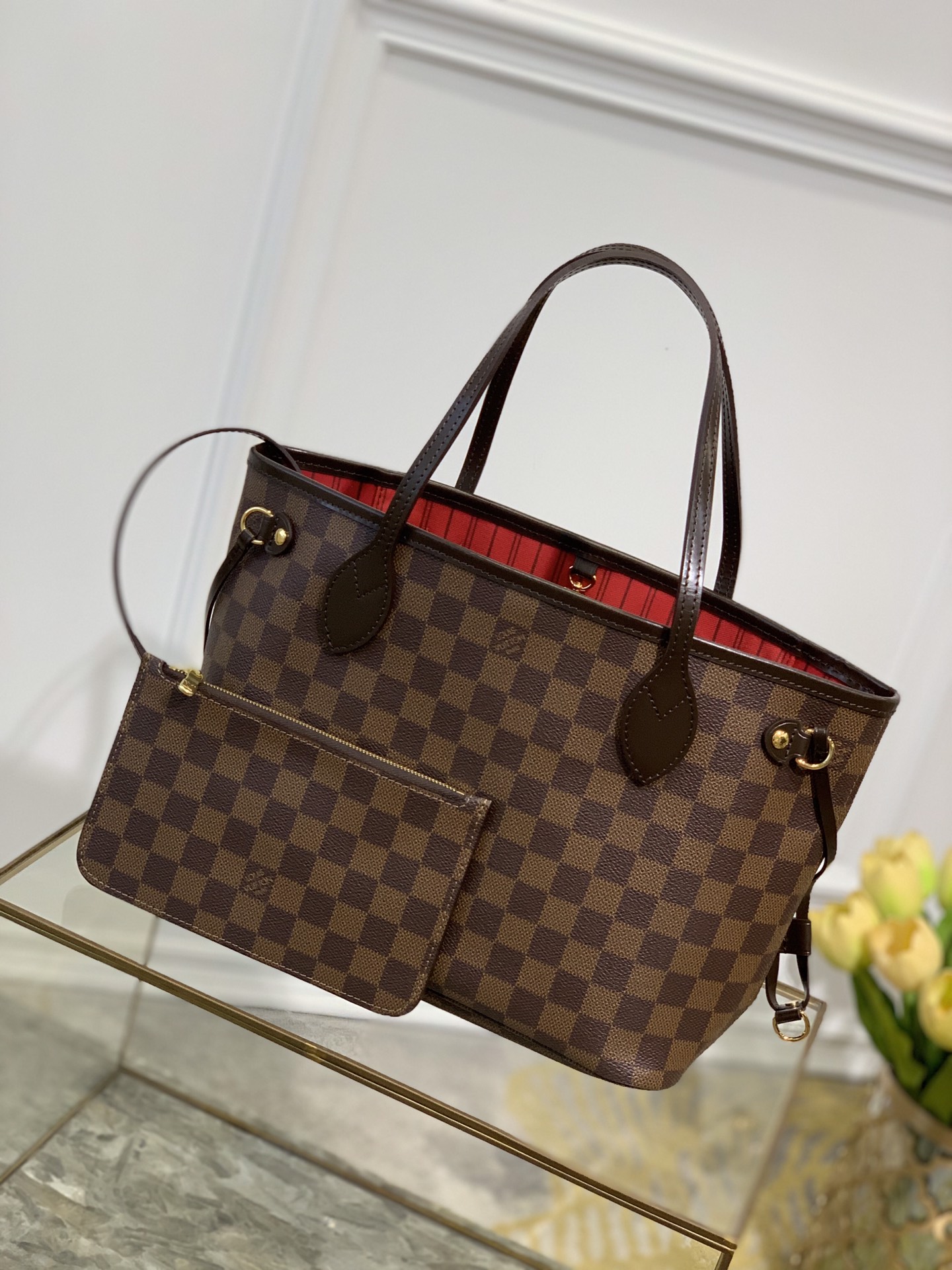 Louis Vuitton LV Neverfull Handbags Tote Bags Red Damier Azur Canvas N41359