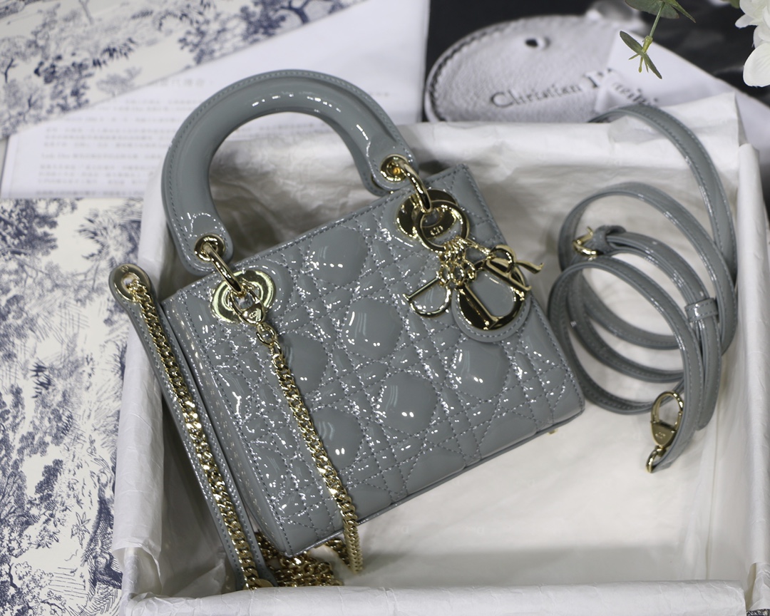 Lady Dior Bag Rock Grey Patent Calfskin Cannage Two-Tone Chain Mini