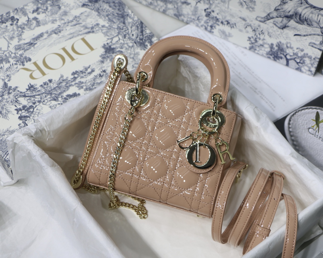 Lady Dior Bag Pink Patent Cannage Mini with Double Chain Adjustable Strap