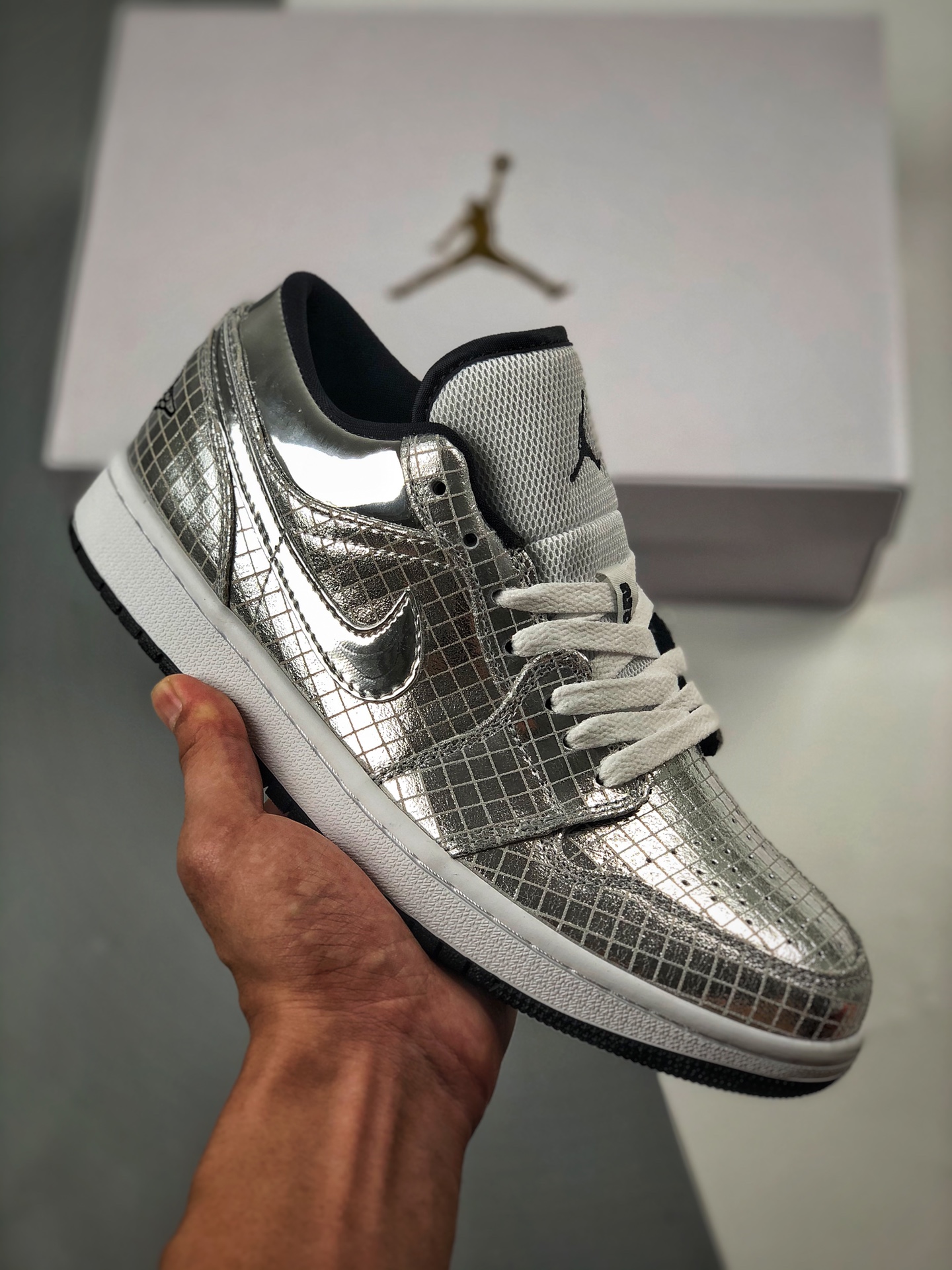 Air Jordan 1 Low patrón de telaraña plateado, bloque de aire incorporado de fábrica original, suela original