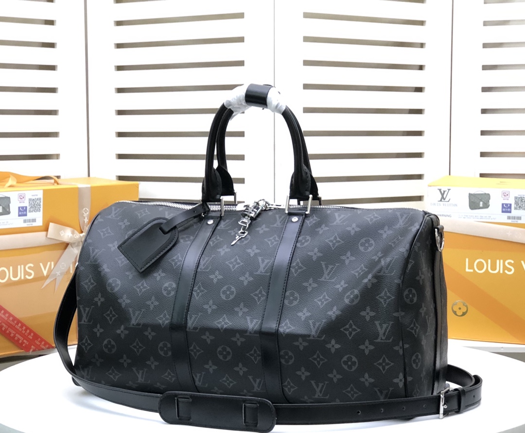 Louis Vuitton LV Keepall Bolsos de viaje Negro Malla negra Blanco Damier Azur Lona M41414