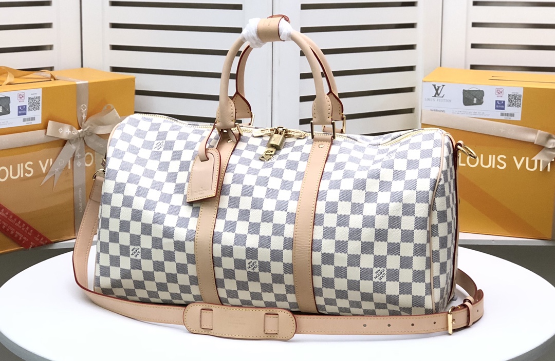 Louis Vuitton LV Keepall Bolsos de viaje Negro Malla negra Blanco Damier Azur Lona M41414