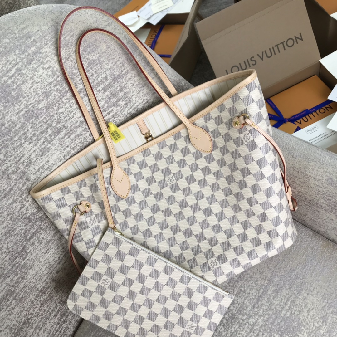 Louis Vuitton LV Neverfull Bags Handbags White Yellow Damier Azur Canvas Fashion N41361