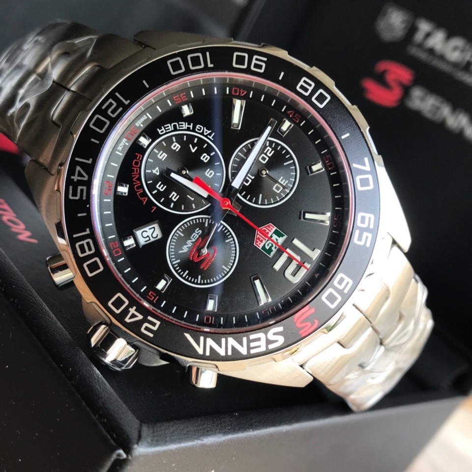 批:750原盒:50 新款硬货，Original Tagheuer,泰格豪雅F1系列 塞纳纪念石英计时表，专柜1万+。 ~43mm表径，蓝宝石镜面，超强夜光指针，原装机芯，支持拆机验货，硬汉风格，超高难度精钢拉丝表带工艺无法仿制，一表一码配吊牌，专柜同步！全新全套出[色][色][色]