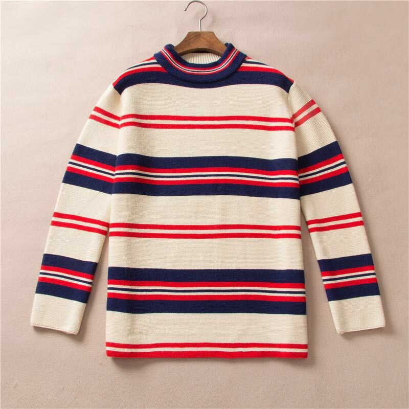 Suéter de cuello alto de punto con jacquard de rayas y bordado inglés en la espalda, tallas: S M L XL XXL