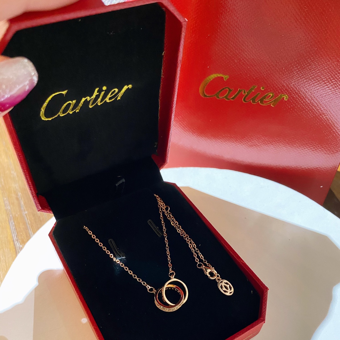 NO:360220,[Card LOVE double ring necklace] One side with diamond and the other side without diamonds, connected Platinum | Rose gold, Cartier necklace, cartier, necklace19860909【卡 LOVE双环项链】 一面带钻一面无钻,环环相扣 白金 | 玫金,卡地亚项链,cartier,necklace,Jewelry