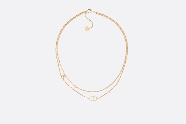 Dior Petit C D Double Chain Necklace - Gold Finish with White Crystals