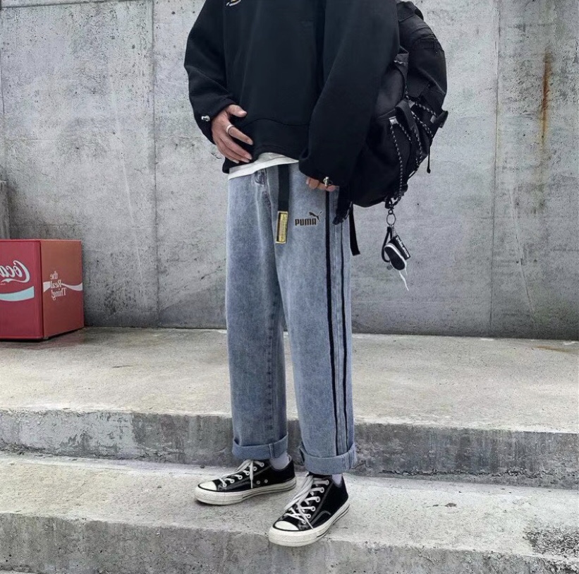 65 puma彪马 双杠织带阔腿直筒牛仔裤情侣款 color: 蓝色 siz