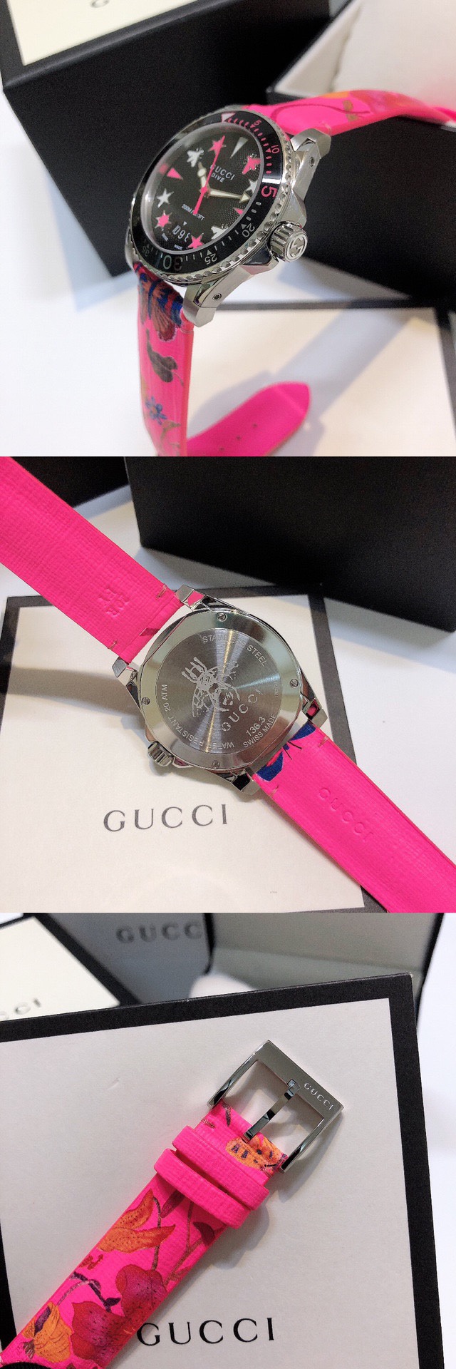 Gucci 古驰骚粉色水鬼新款 蝴蝶设计元素，3D波纹面，越看越喜欢，超强夜光效果，原装瑞士eta机芯