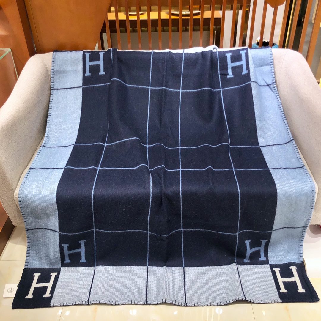 Hermes Blanket Blue Lattice Cashmere Wool