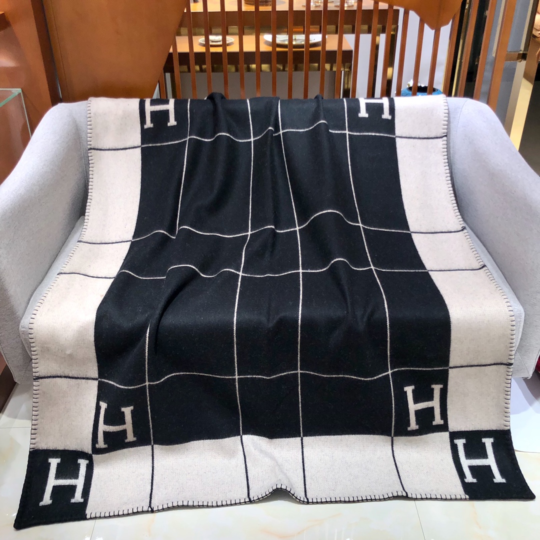 Hermes Blanket Black Lattice Cashmere Wool