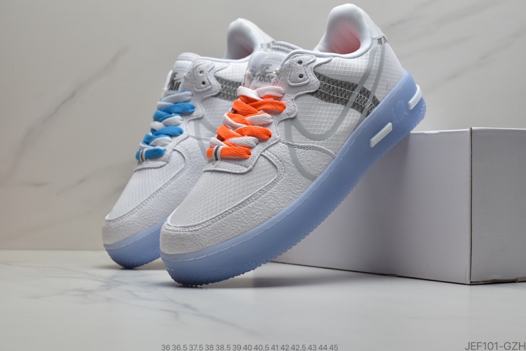 155 公司级耐克Nike Air Force 1 React D/MS/X”White/Light/Sail-Rush Ice”空军一号新型瑞亚轻量低帮百搭板鞋 CQ8879 100