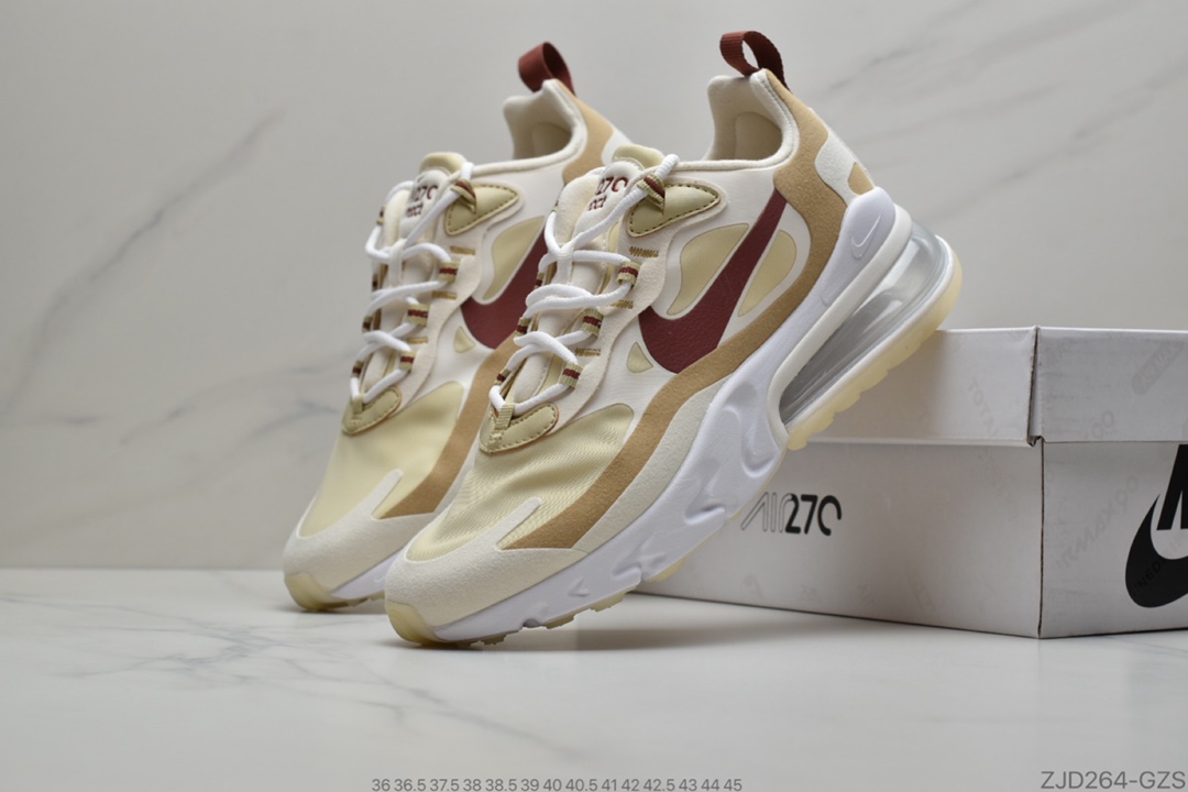 240 公司级Nike React Air Max 270 高桥盾网纱系列  机能半气垫跑步鞋 灵感来自年度获奖模型的鞋子，这双鞋的半透明鞋面穿过它的鞋头和轮廓，同时还沿着眼睛留下来，Barely Volte中隐藏的部分是盲目的，偏离了覆盖的Frosted Spruce swoosh，融入了舌头和内衬。 货号CI3899 101 ID：ZJD264-GZS