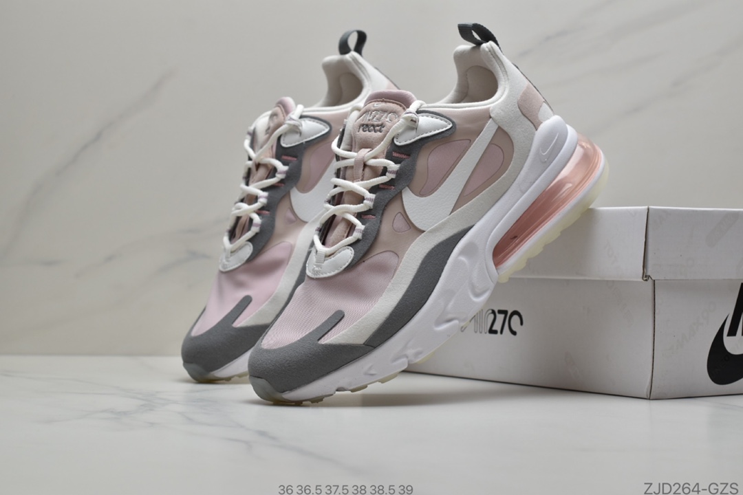 240 公司级Nike React Air Max 270 高桥盾网纱系列  机能半气垫跑步鞋 灵感来自年度获奖模型的鞋子，这双鞋的半透明鞋面穿过它的鞋头和轮廓，同时还沿着眼睛留下来，Barely Volte中隐藏的部分是盲目的，偏离了覆盖的Frosted Spruce swoosh，融入了舌头和内衬。 货号CI3899 101 ID：ZJD264-GZS