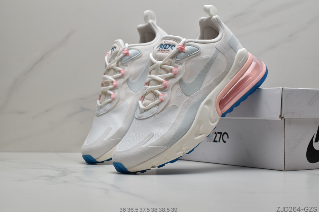 240 公司级Nike React Air Max 270 高桥盾网纱系列  机能半气垫跑步鞋 灵感来自年度获奖模型的鞋子，这双鞋的半透明鞋面穿过它的鞋头和轮廓，同时还沿着眼睛留下来，Barely Volte中隐藏的部分是盲目的，偏离了覆盖的Frosted Spruce swoosh，融入了舌头和内衬。 货号CI3899 101 ID：ZJD264-GZS