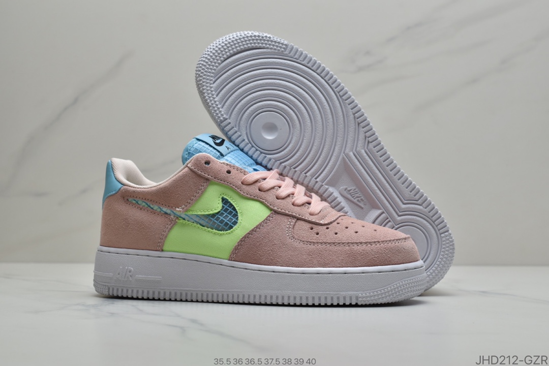 190 耐克Nike Wmns Air Force 1′07 LV8 GS”Pure Platinum”麂皮白粉黄拼色 空军一号经典低帮百搭休闲运动板鞋CJ4093-300