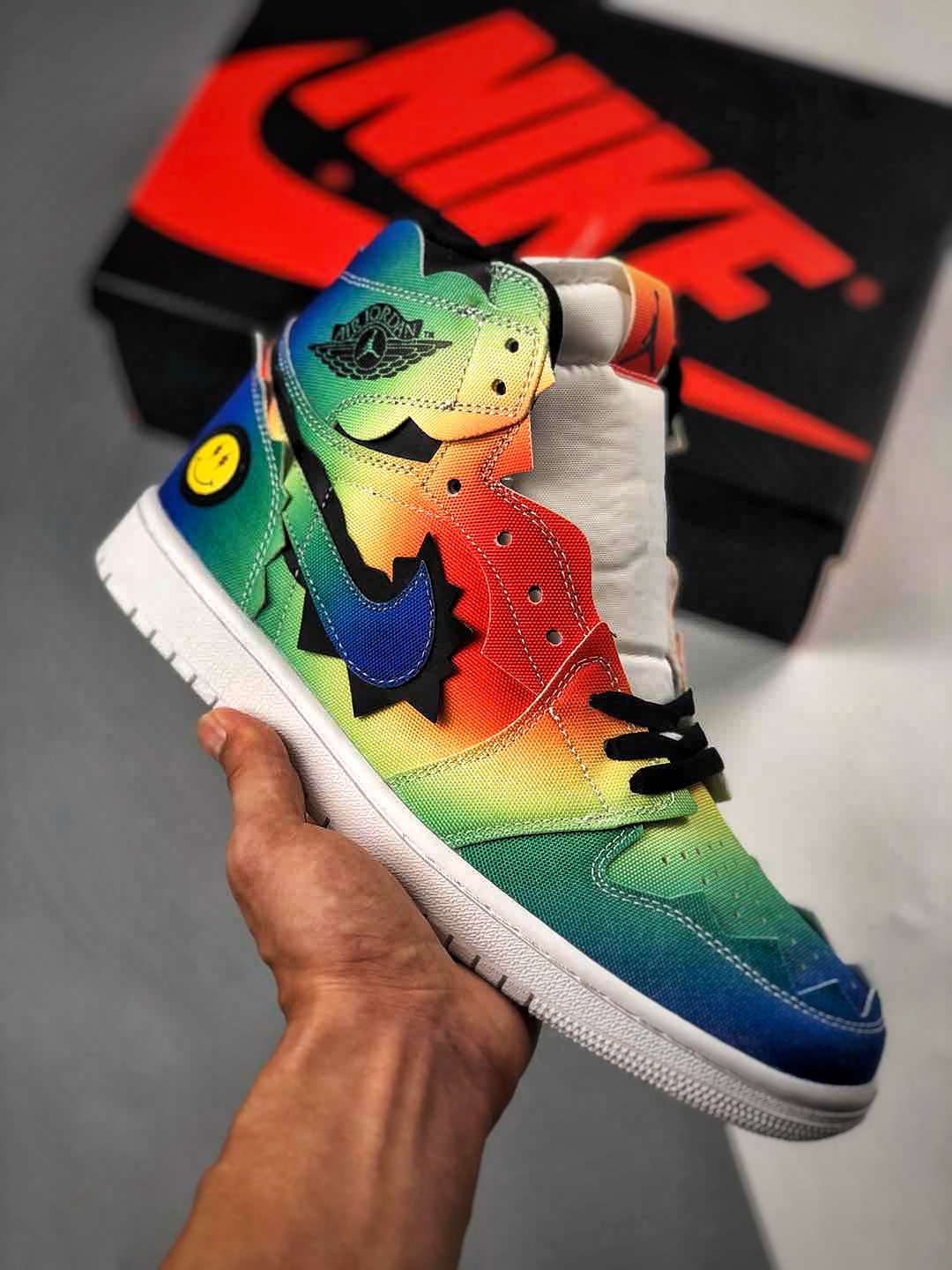 Apoyo al pago contra reembolso Primera versión correcta Air Jordan 1 X J Balvin, arcoíris teñido con sonrisa.…