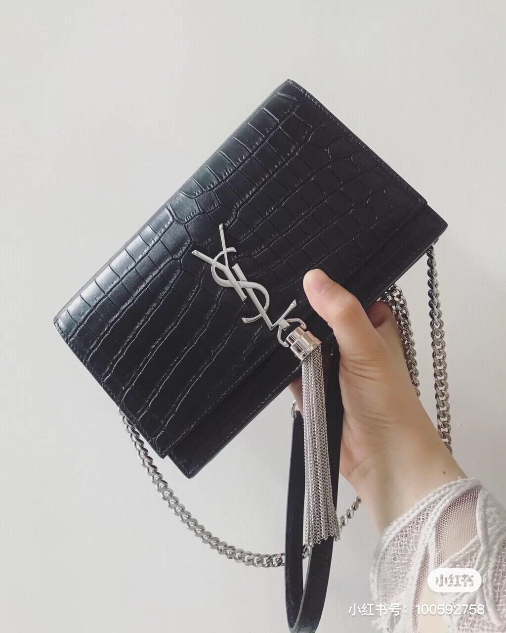 YSL KATE 19CM 流苏链条包 452159鳄鱼纹/黑色银扣