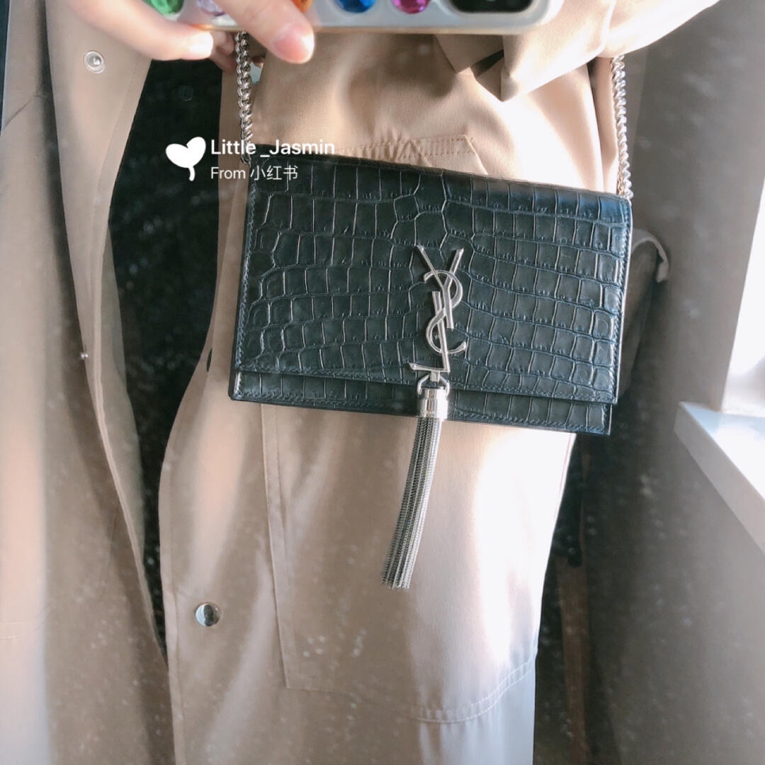 YSL KATE 19CM 流苏链条包 452159鳄鱼纹/黑色银扣