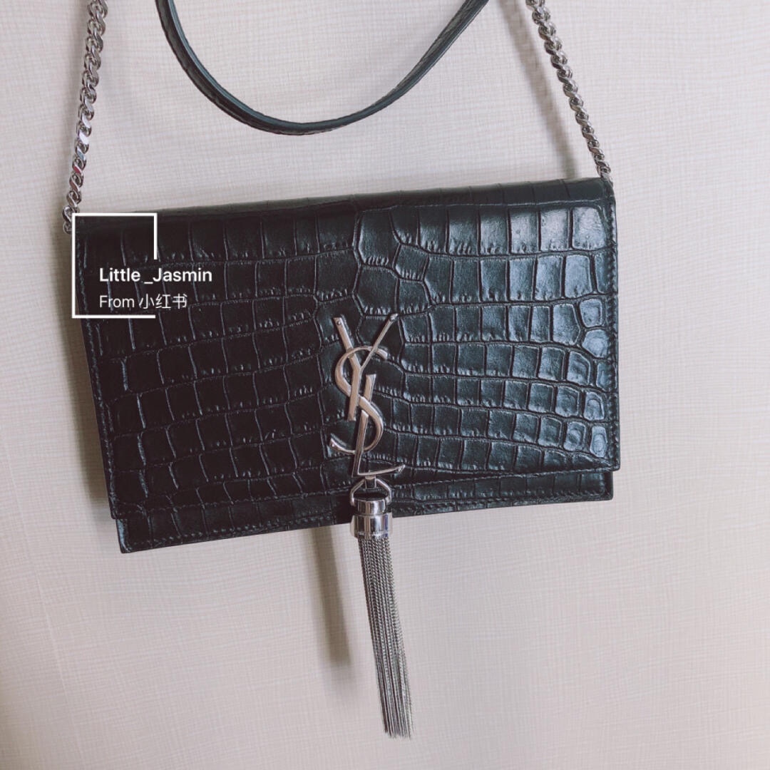 YSL KATE 19CM 流苏链条包 452159鳄鱼纹/黑色银扣