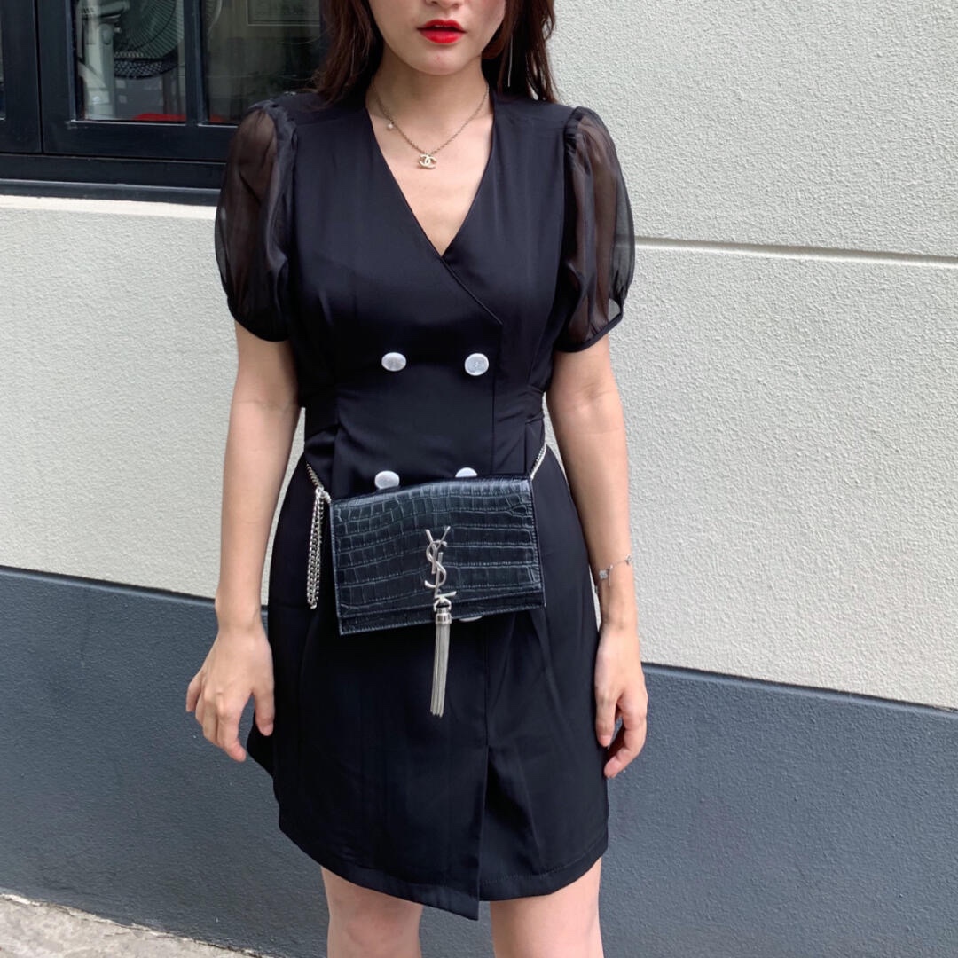 YSL KATE 19CM 流苏链条包 452159鳄鱼纹/黑色银扣