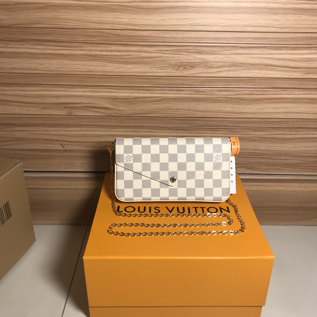 Louis Vuitton LV Pochette FeLicie Bags Handbags Gold White Damier Azur Canvas Chains N63106