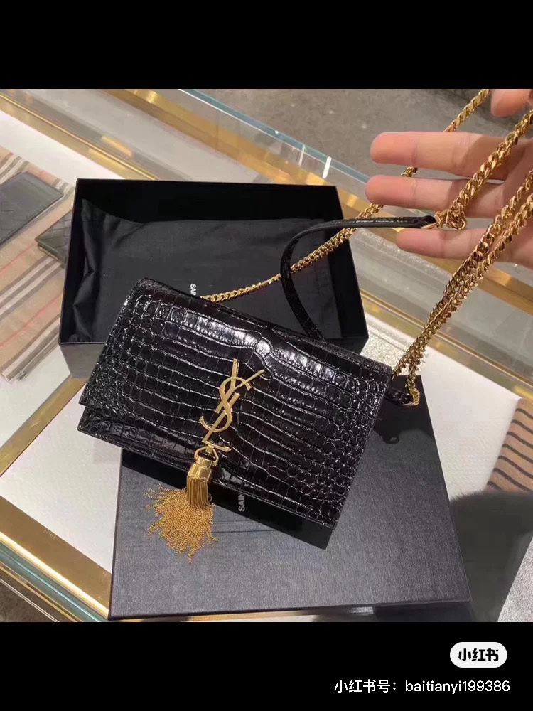 YSL KATE 19CM 流苏链条包 452159鳄鱼纹/黑色金扣