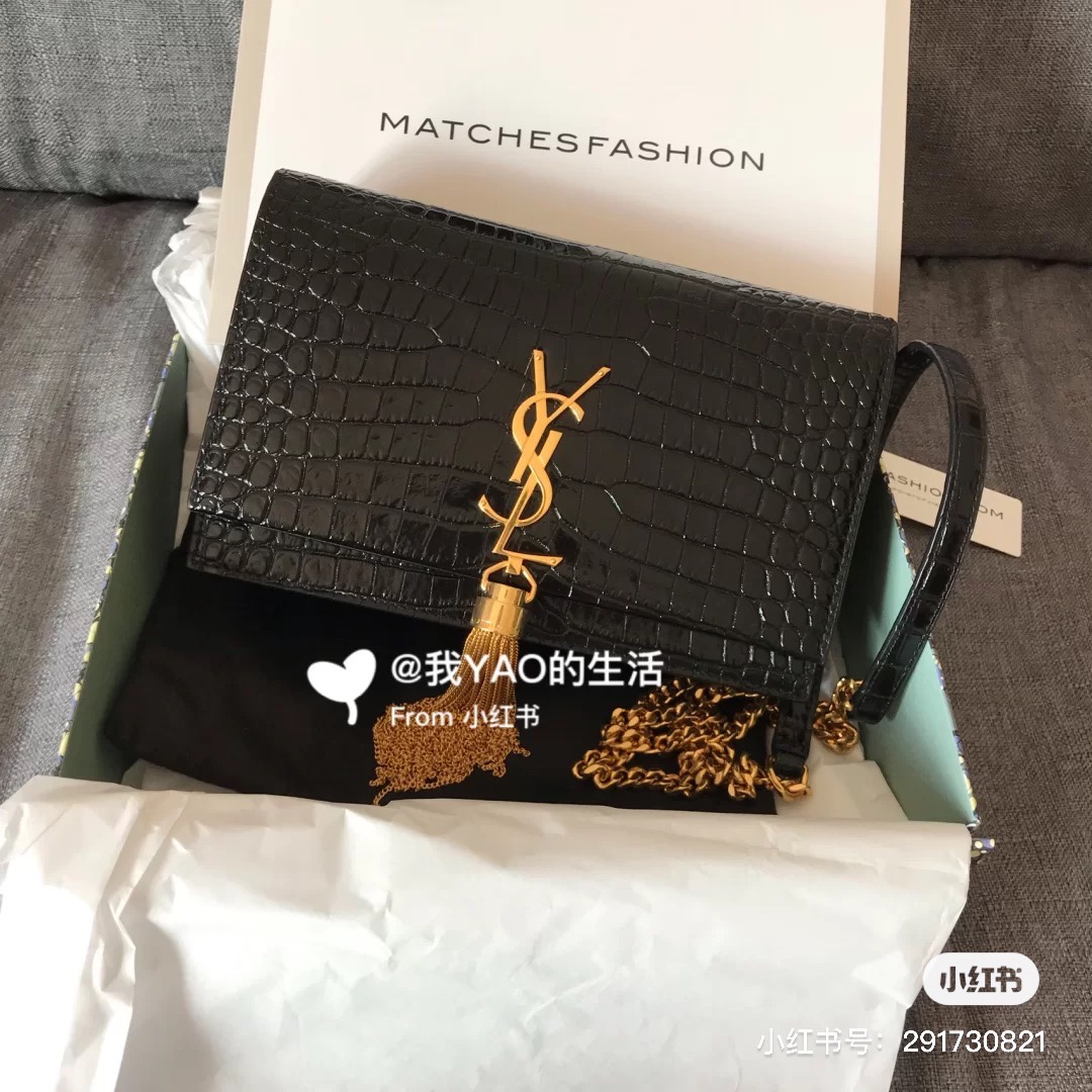 YSL KATE 19CM 流苏链条包 452159鳄鱼纹/黑色金扣