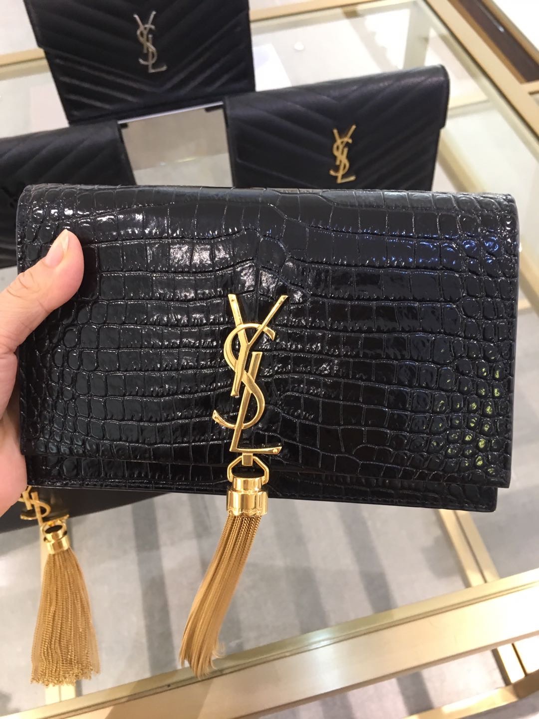YSL KATE 19CM 流苏链条包 452159鳄鱼纹/黑色金扣
