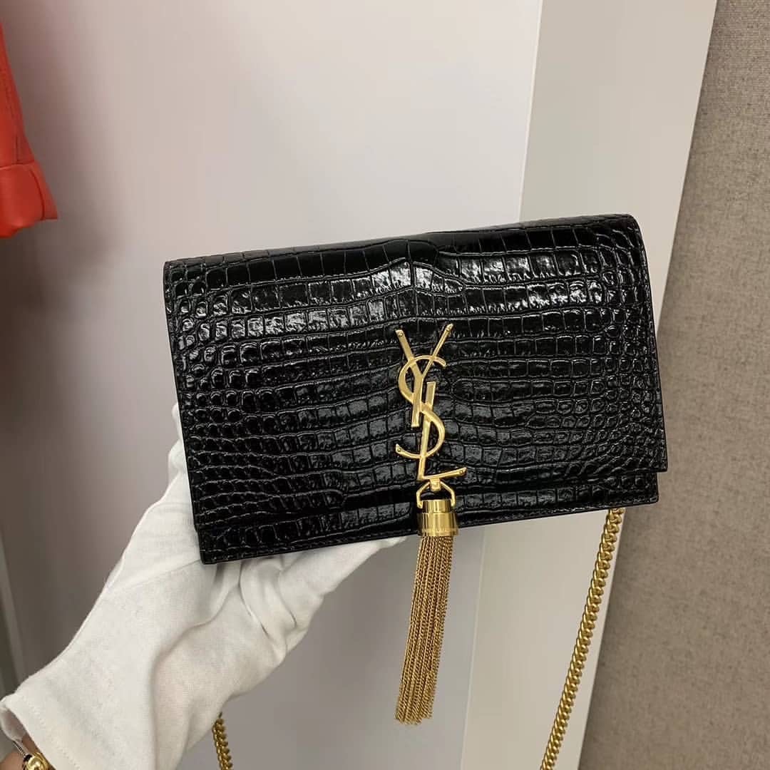 YSL KATE 19CM 流苏链条包 452159鳄鱼纹/黑色金扣