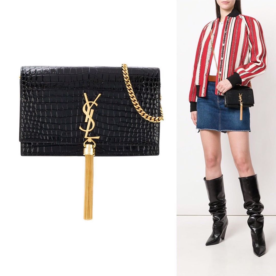 YSL KATE 19CM 流苏链条包 452159鳄鱼纹/黑色金扣