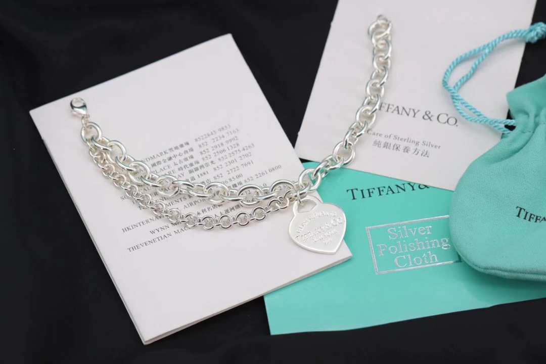 Tiffany & Co. Tiff 蒂*尼 925纯银 双层心牌粗手链