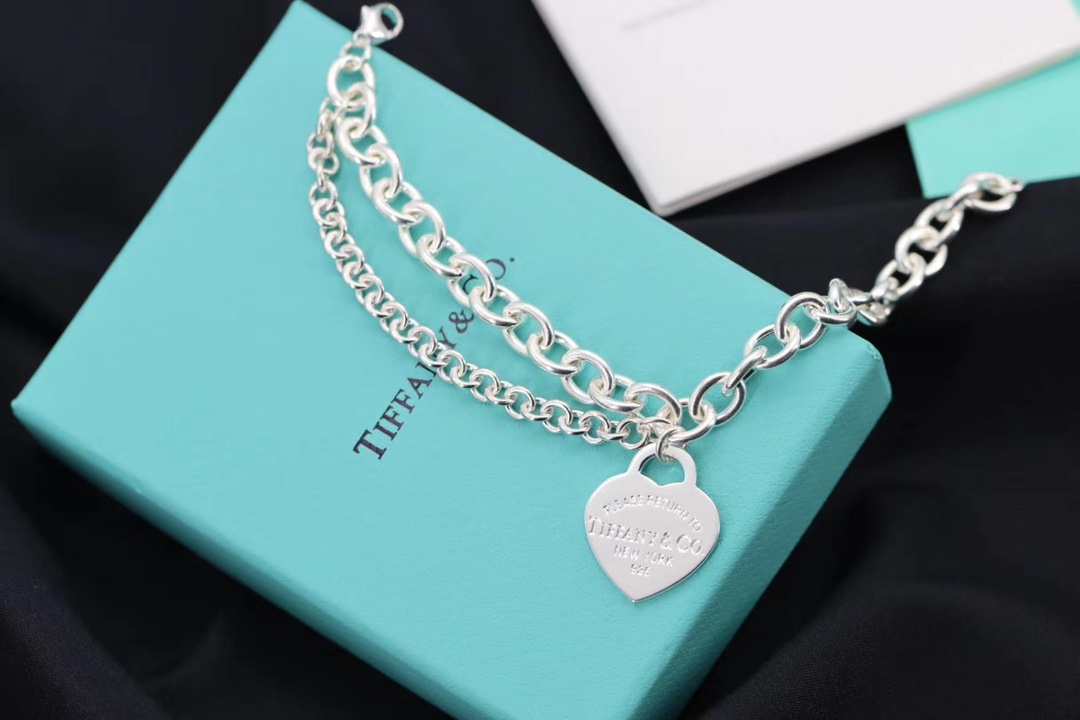 Tiffany & Co. Tiff 蒂*尼 925纯银 双层心牌粗手链